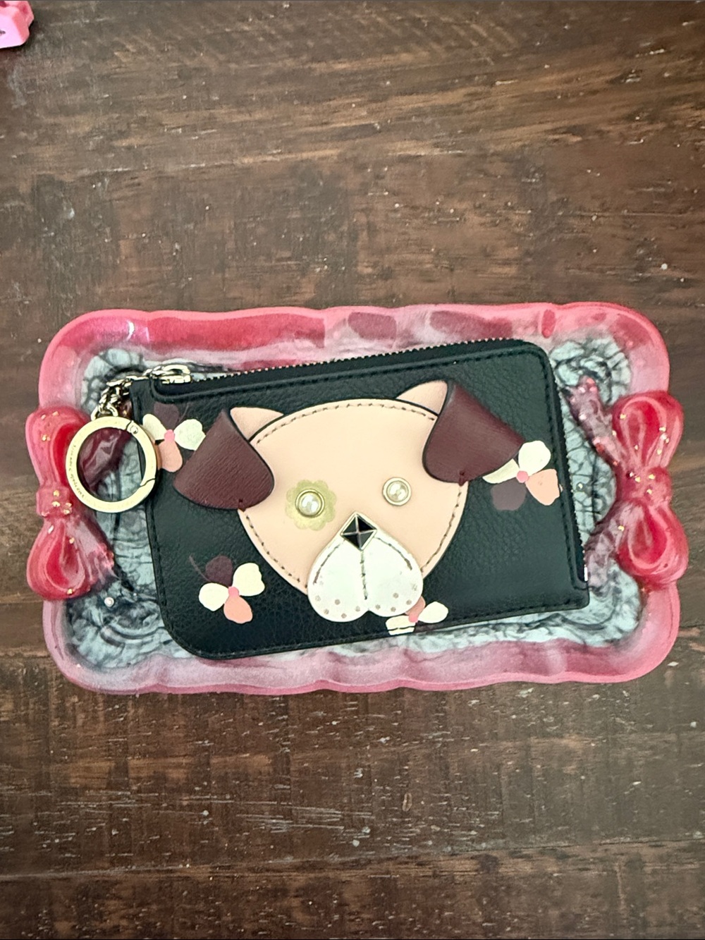 kate spade Black Card Wallet with Pink and Burgundy Dog Face Appliqué